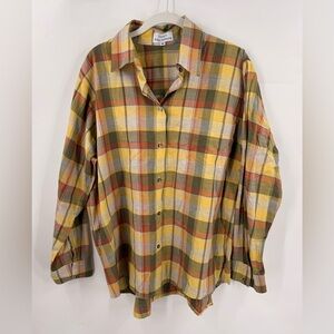K.Swarth Pure Designs Womens Camp Shirt Button Up Size Medium Plaid Yellow Green